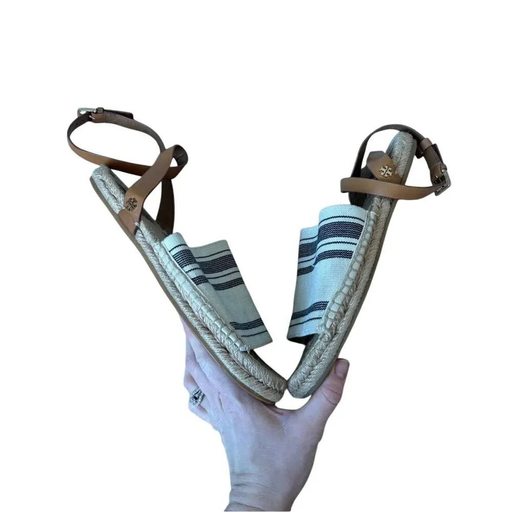Tory‎ Burch Womens Awning Striped Ivory Blue Espadrilles Sandals Shoes 8